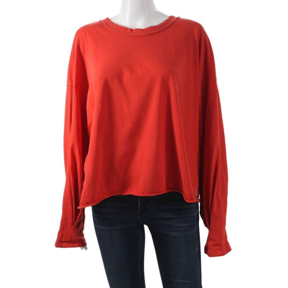 FP Movement Womens Cropped Red Cotton Long Sleeve T-Shirt Crew Neck Size XS